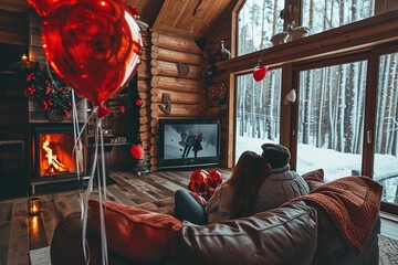 A cute couple in a large wooden house decorated with red heart-shaped balloons for Valentine's Day - obrazy, fototapety, plakaty
