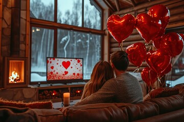 A cute couple in a large wooden house decorated with red heart-shaped balloons for Valentine's Day - obrazy, fototapety, plakaty