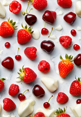 Assorted Strawberries, Cherries, and Marshmallows Arranged on White