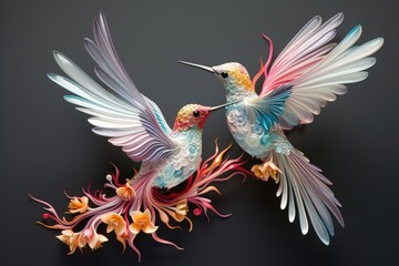 Paper art hummingbirds in flight on a black background - obrazy, fototapety, plakaty