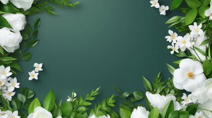 A lush border of white flowers and foliage against a dark green background, perfect for elegant designs and invitations.
