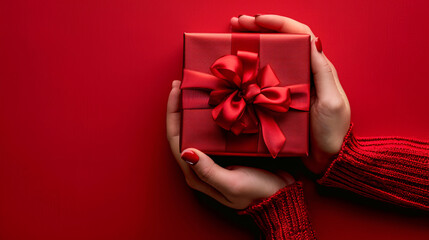 Female hands hold gift box on red background with copy space