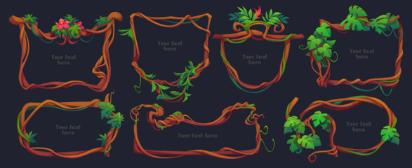 Set of liana branch frames with green leaves, flowers isolated on black background. Vector cartoon illustration of twisted jungle plant vines with foliage, game borders for ui design, tropical garden - obrazy, fototapety, plakaty