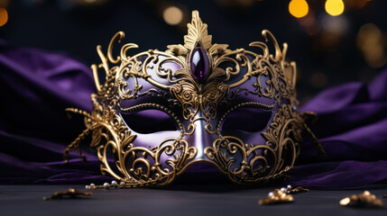 A luxurious and ornate masquerade mask rests on a smooth purple silk fabric, exuding mystery and elegance.