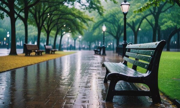 A park bench left vacant and wet by the rain by ai generated
