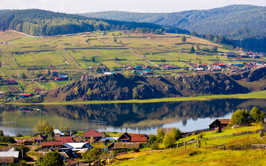 Naklejka premium the village of Verkhniy Avzyan in the Ural Mountains of the Republic of Bashkortostan. Russia.