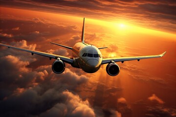 Airborne Beauty. Airplane Gliding through the Dazzling Sunset Sky