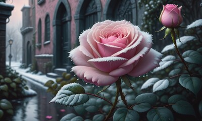 A single pink rose, veiled within a frosty bush  by ai generated