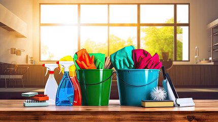 Cleaning supplies on a table - A variety of cleaning tools and products neatly arranged on a tabletop, suitable for promoting household cleaning services or showcasing cleaning products in an organize - obrazy, fototapety, plakaty