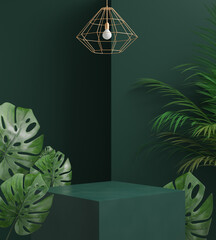 3d render podium with leaf palm, monstera and green background, Abstract background, for cosmetic, display or showcase.
