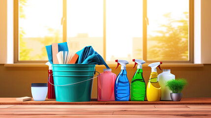 Cleaning supplies on a table - A variety of cleaning tools and products neatly arranged on a tabletop, suitable for promoting household cleaning services or showcasing cleaning products in an organize - obrazy, fototapety, plakaty