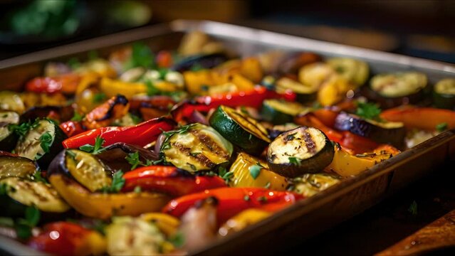 Closeup of a tray of roasted vegetables, including zucchini, eggplant, and peppers, fresh out of the oven.