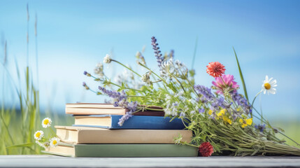 A stack of hardcover books surrounded by a bouquet of fresh wildflowers on a sunny summer day.