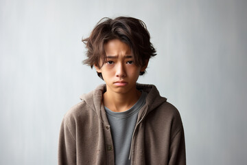 Fototapeta premium Upset crying misunderstood stressed sad Asian teengaer on studio background. Worried child unrequited love or war. Social economic psychological age problems parenting concept
