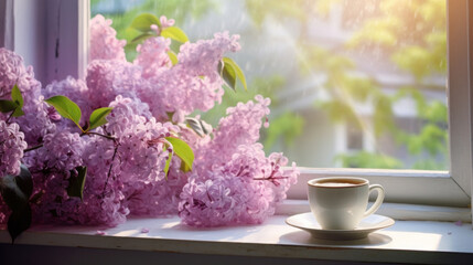 A warm cup of coffee beside fragrant lilac blossoms on a windowsill with sunlight streaming through. - obrazy, fototapety, plakaty