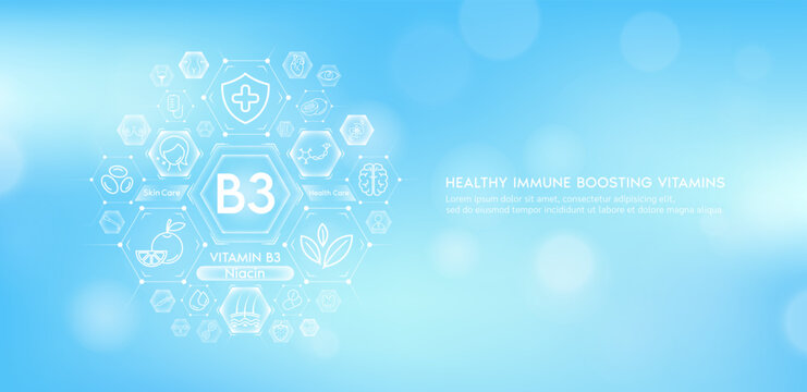 Vitamin B3 or Nicotinic Acid with medical icons. Vitamins minerals from natural essential health skin care body organs healthy. Build immunity antioxidants digestive system. Banner vector EPS10.