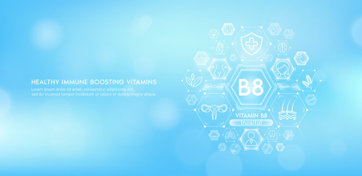 Vitamin B8 or Inositol with medical icons. Vitamins minerals from natural essential health skin care body organs healthy. Build immunity antioxidants digestive system. Banner vector EPS10.