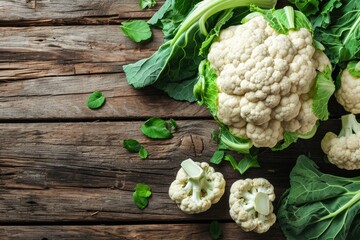 Fresh raw cauliflower on wooden table, top view. Space for text.