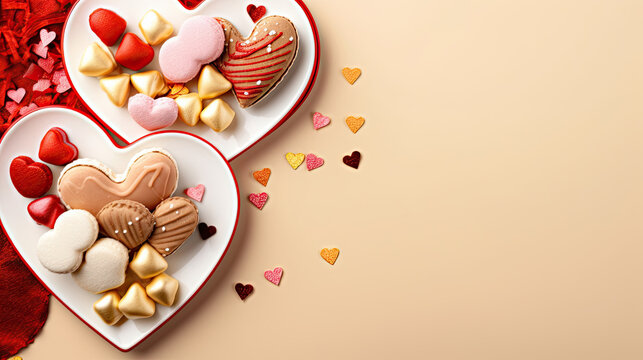 Valentine's Day with heart-shaped cookies and hearts. A festive and romantic image suitable for greeting cards, social media posts, and Valentine's Day-themed designs.
