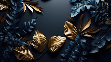Black and gold leaves - Elegant and stylish design featuring a combination of black and gold leaves.  Beautiful luxury dark blue textured 3D background frame with golden and blue tropical leaves