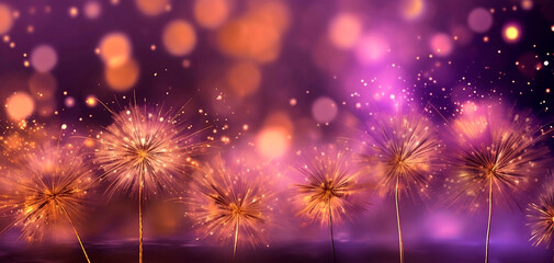 Gold Abstract background with fireworks and bokeh,  stars and circles in gold color in bokeh effect. Glitter luxury gold. The background for the holiday. Graphics resources.