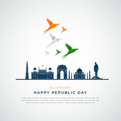 Happy Republic Day India Social Media Post. 26 January - Indian Republic Day Celebration Greeting Card with Text and Tricolor Origami Birds Flying - obrazy, fototapety, plakaty