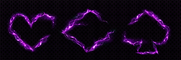 Purple lightning frames set isolated on transparent background. Vector realistic illustration of heart, rhombus, spade shape borders, thunderbolt design elements for game ui design, electric discharge