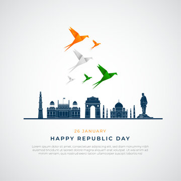 Happy Republic Day India Social Media Post. 26 January - Indian Republic Day Celebration Greeting Card with Text and Tricolor Origami Birds Flying