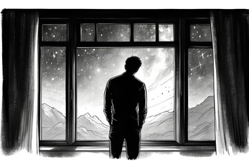 Man Gazing Through Window at Sparkling Night Sky Filled With Stars - obrazy, fototapety, plakaty