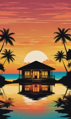 Tranquil bungalow reflection silhouettes Caribbean sunset beauty by ai generated
