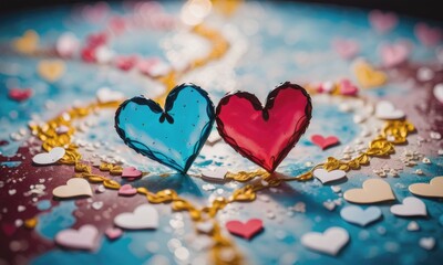 Obraz premium Two paper hearts entwined on a blank canvas convey the depth and simplicity of love by ai generated