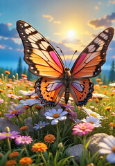 Butterfly Perched on Blossoming Field of Flowers in Nature Landscape