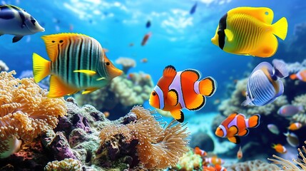 Obraz na płótnie Canvas 3d wallpaper coral reef tropical colorful fish in the water aquarium