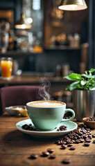 Cup of Coffee on Wooden Table, Warm and Inviting Morning Beverage