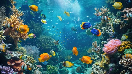 Naklejka na ściany i meble 3d wallpaper coral reef tropical colorful fish in the water aquarium