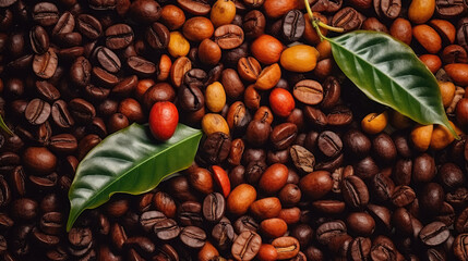 A close up of a pile of coffee beans with a leaf - A delightful image capturing the texture and aroma of coffee beans, perfect for coffee shop promotions coffee beans and coffee berries