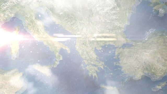 Zoom in from space and focus on Korce, Albania. 3D Animation. Background for travel intro. Elements of this image furnished by NASA.