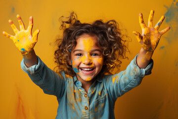 Laughing elementary school child with stained shirt and dirty face on yellow background looking into the camera with playful look, looking into camera. Bored kid staying alone at home - obrazy, fototapety, plakaty