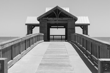 Vintage Charm - Black and White Capture of Wooden Bridge to Ocean Pavilion in Key West