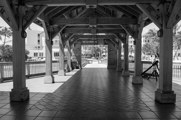 Summer Serenity - Black and White Scene of Wooden Pavilion and Beach Resort in Key West, Florida