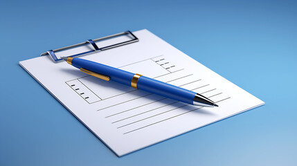 3d illustration of pen putting blue ticks on paper,no people,blue background,front view