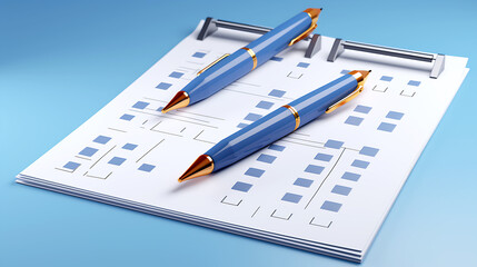 3d illustration of pen putting blue ticks on paper,no people,blue background,front view