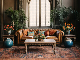 A sophisticated boho living area with a leather chesterfield, an ornate Persian rug, and a series of decorative pillows