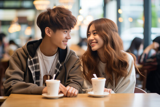 Emotional First Love Relationship Sensuality Tenderness Concept. Young Asian Teenage Couple Boyfriend And Girlfriend Look At Each Other In Deep Romantic Love