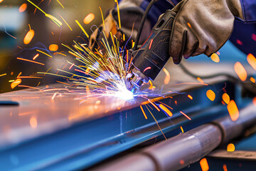 A skilled welder working on metal with intense sparks flying in an industrial workshop.