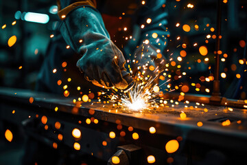 A skilled worker performs precision welding in an industrial setting, generating a vibrant shower of sparks.