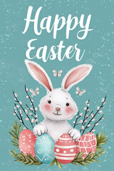 Easter poster styled like a children's book depicting Easter bunny and eggs, displaying text: "Happy Easter"