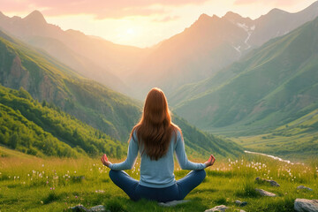Serene woman meditating in a breathtaking mountain landscape during sunset, promoting tranquility and wellness.