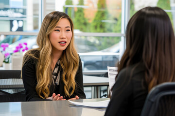 Two professional women engaged in a business meeting, discussing work-related topics in a bright office setting.