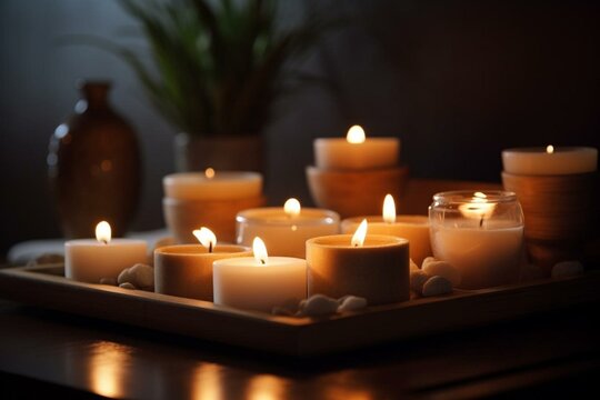 The image features an attractive arrangement of glowing candles in a serene spa setting. Generative AI